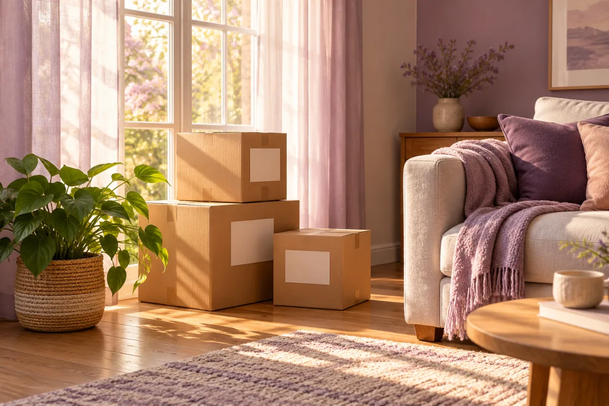 A few labelled cardboard boxes stacked by a sunny window, with a houseplant waiting beside them