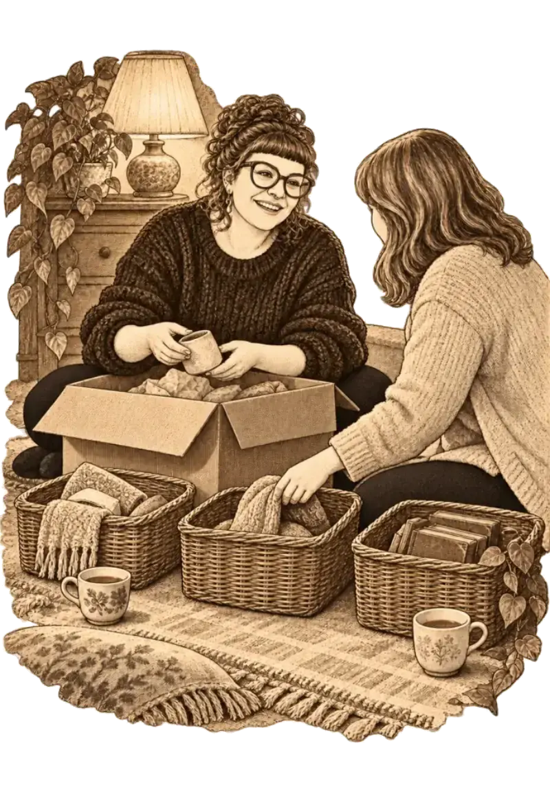 Kari, in glasses and a black jumper, chats as she lifts a mug out of a cardboard box; the woman she is helping sorts things into wicker baskets beside her, two cups of tea on the rug