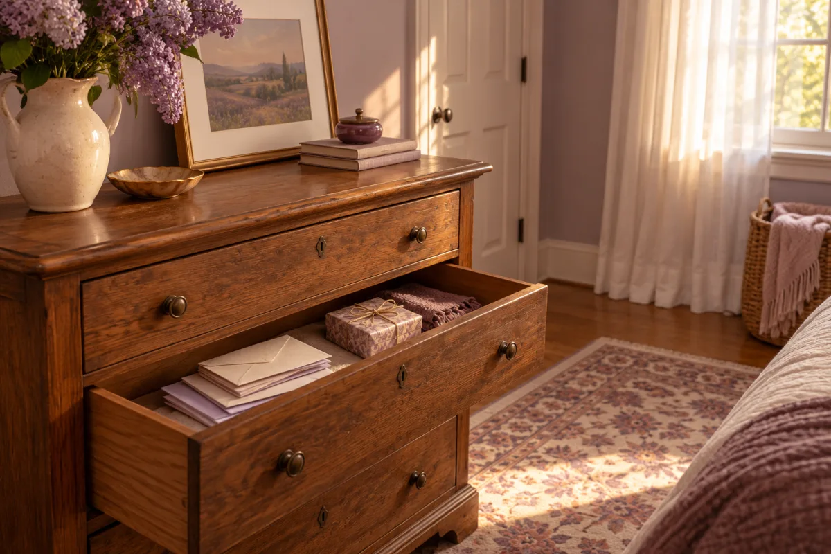 A wooden chest of drawers with one drawer open, a few folded letters and a small box tied with string, in soft afternoon light