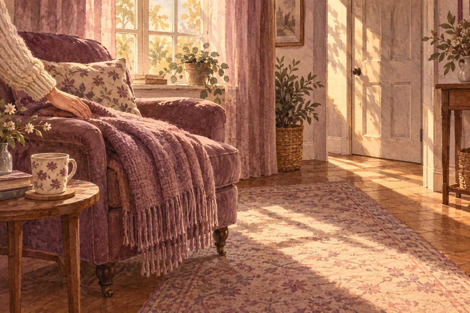 A watercolour of an armchair with a soft blanket by a sunny window, a clear rug path to the front door, and a hand smoothing the blanket