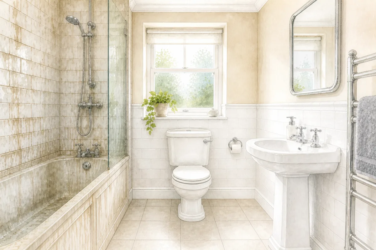 Watercolour: the same bright bathroom half done, the basin and toilet side white and fresh while the bath, shower and tiles beside them are streaked and mottled with brown limescale and soap haze, waiting for the return pass