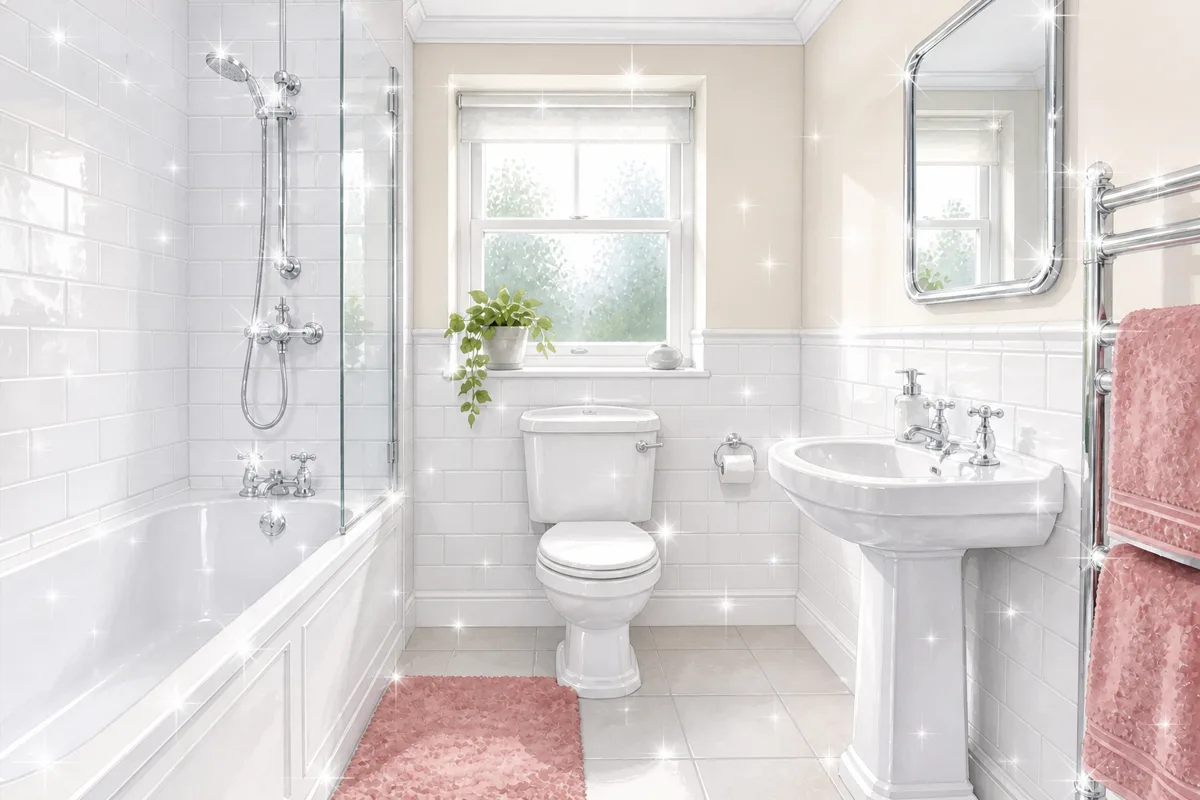 Watercolour of the same bright bathroom fully finished and twinkling with sparkle stars on every chrome and tiled surface, white bath and basin gleaming, pink towels on the radiator, daylight through the window