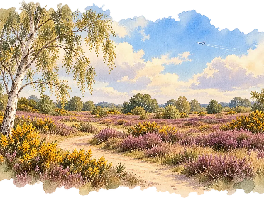 A sandy path through open heathland of purple heather and yellow gorse, with a silver birch on the left and a blue sky with clouds and one small aeroplane