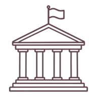 Line drawing: a civic building with a flag
