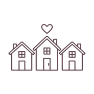 Line drawing: three houses with a small heart