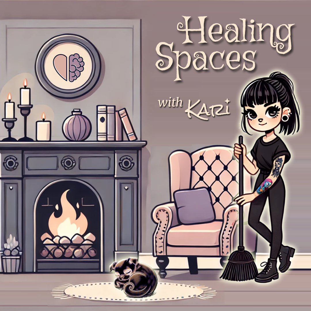 Healing Spaces with Kari, illustrated scene with a fireplace, armchair, sleeping cat and Kari with a broom