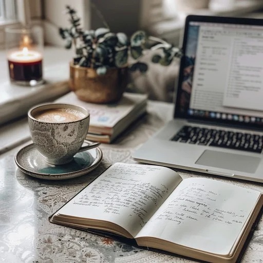A journal, coffee, plant and laptop on a desk