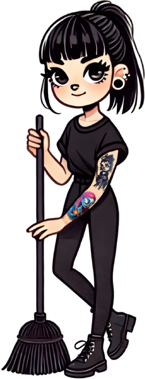 Cartoon illustration of Kari holding a broom