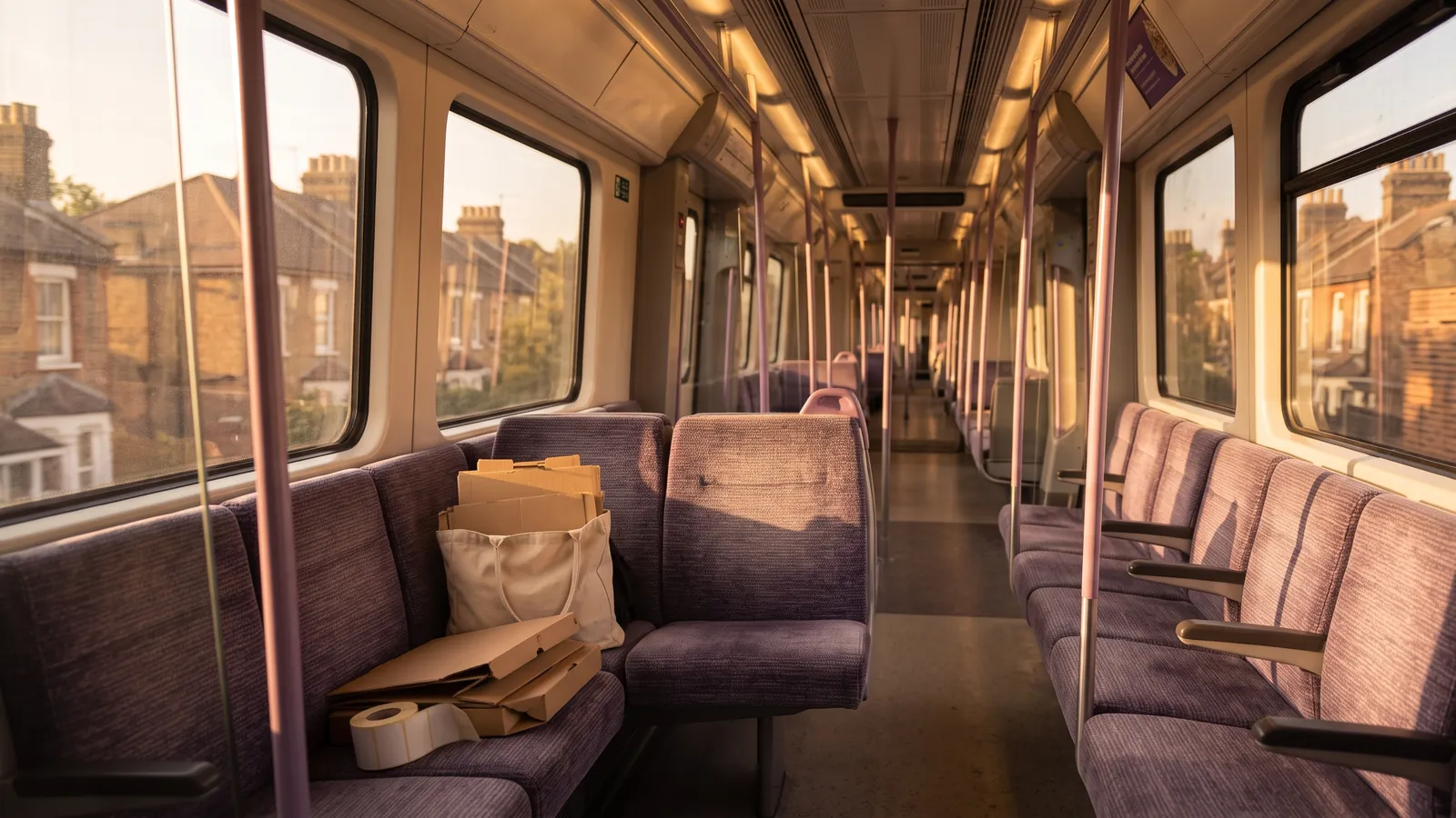 An empty train carriage in low evening sun, a canvas bag of flat-packed boxes and a roll of labels on one seat, terraced rooftops outside