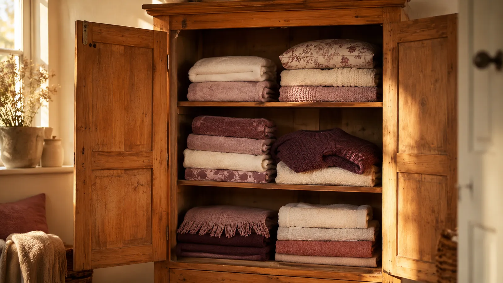 A warm wooden linen cupboard with softly folded towels and blankets, one jumper not quite squared off