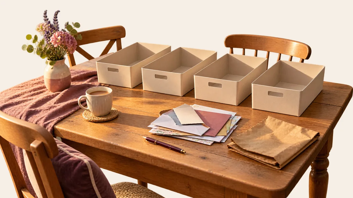 AI-generated scene: a wooden table in warm evening light with four cream sorting tubs, a small stack of opened envelopes, a folded paper sack and a mug of tea