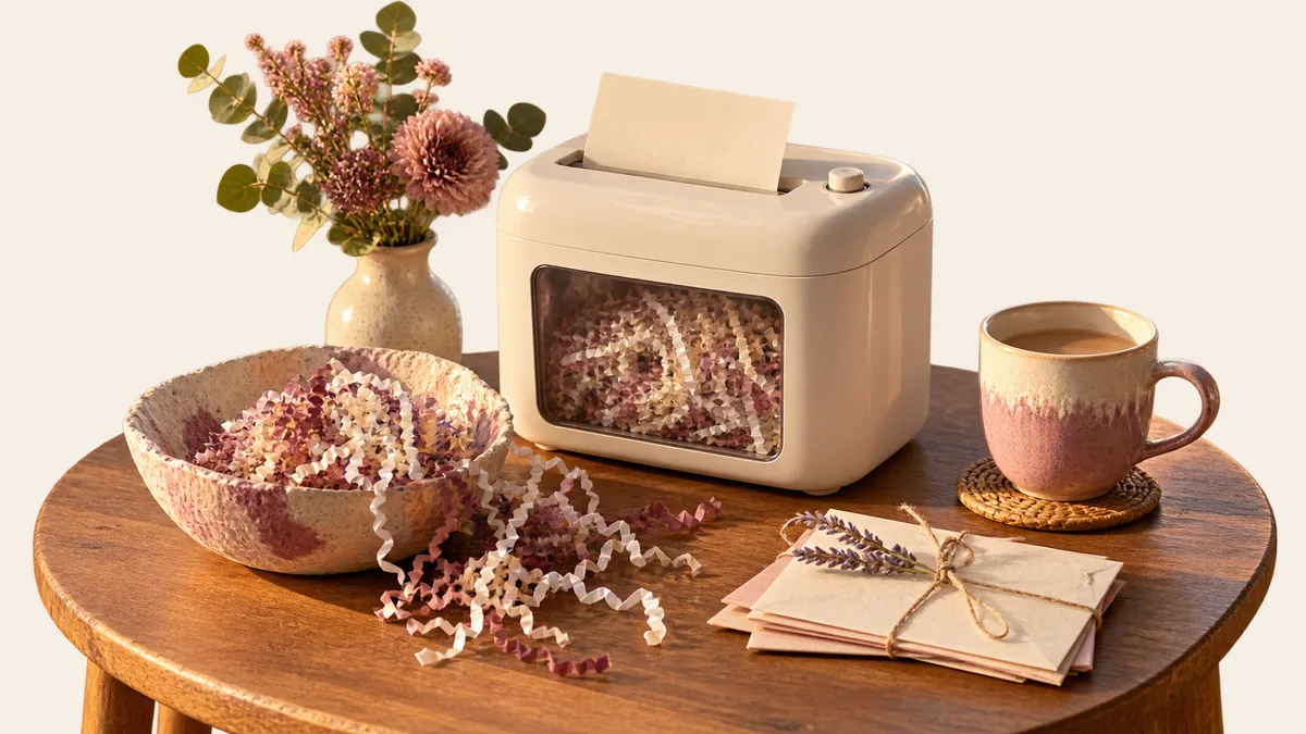 AI-generated scene: a small cream shredder on a side table in warm light, a cloud of paper confetti spilling into a papier-mache bowl beside it, a mug of tea and a few old letters waiting
