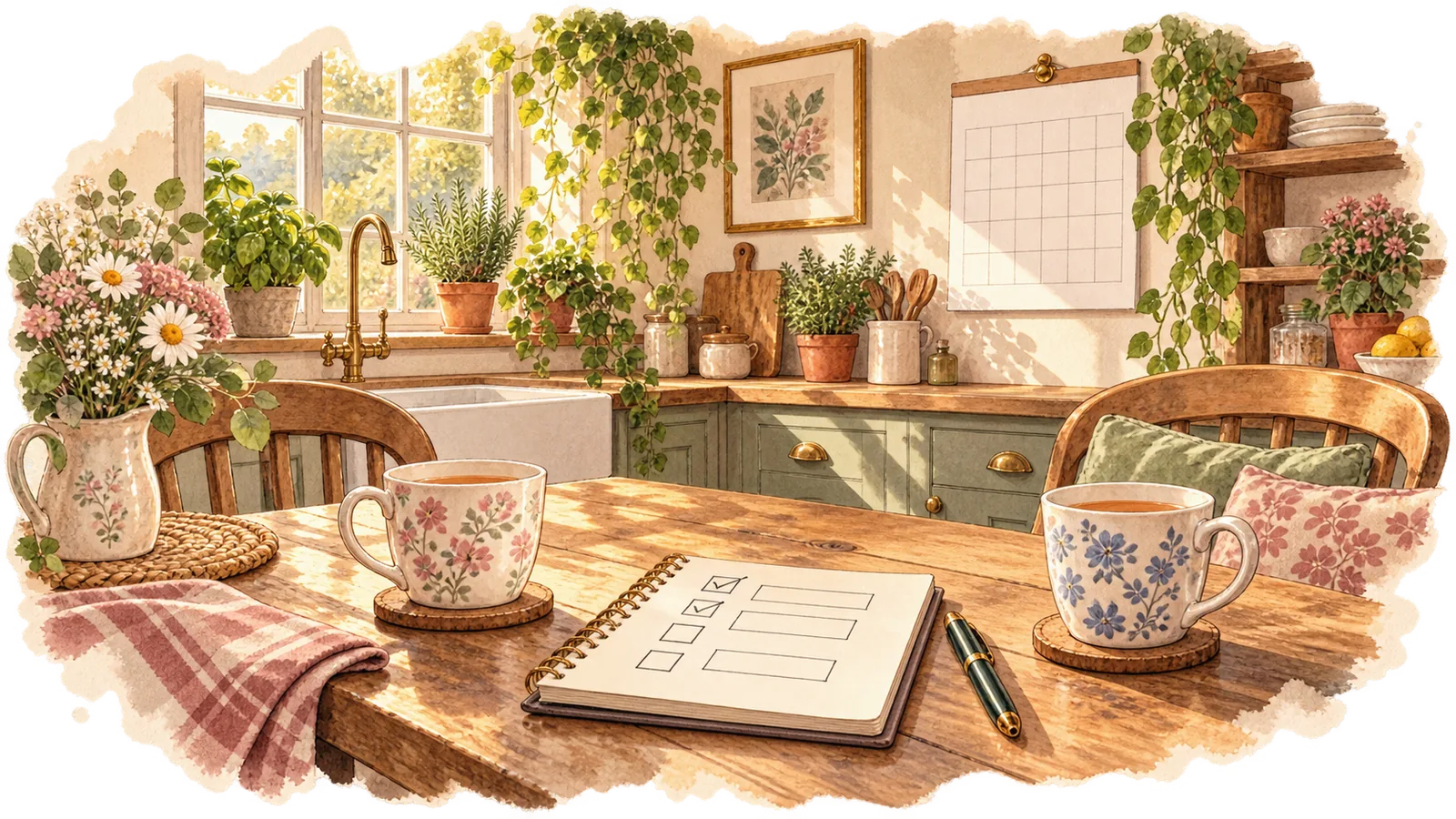 A sunny kitchen table with two mugs, an open notebook with a simple plan, a wall calendar and plants