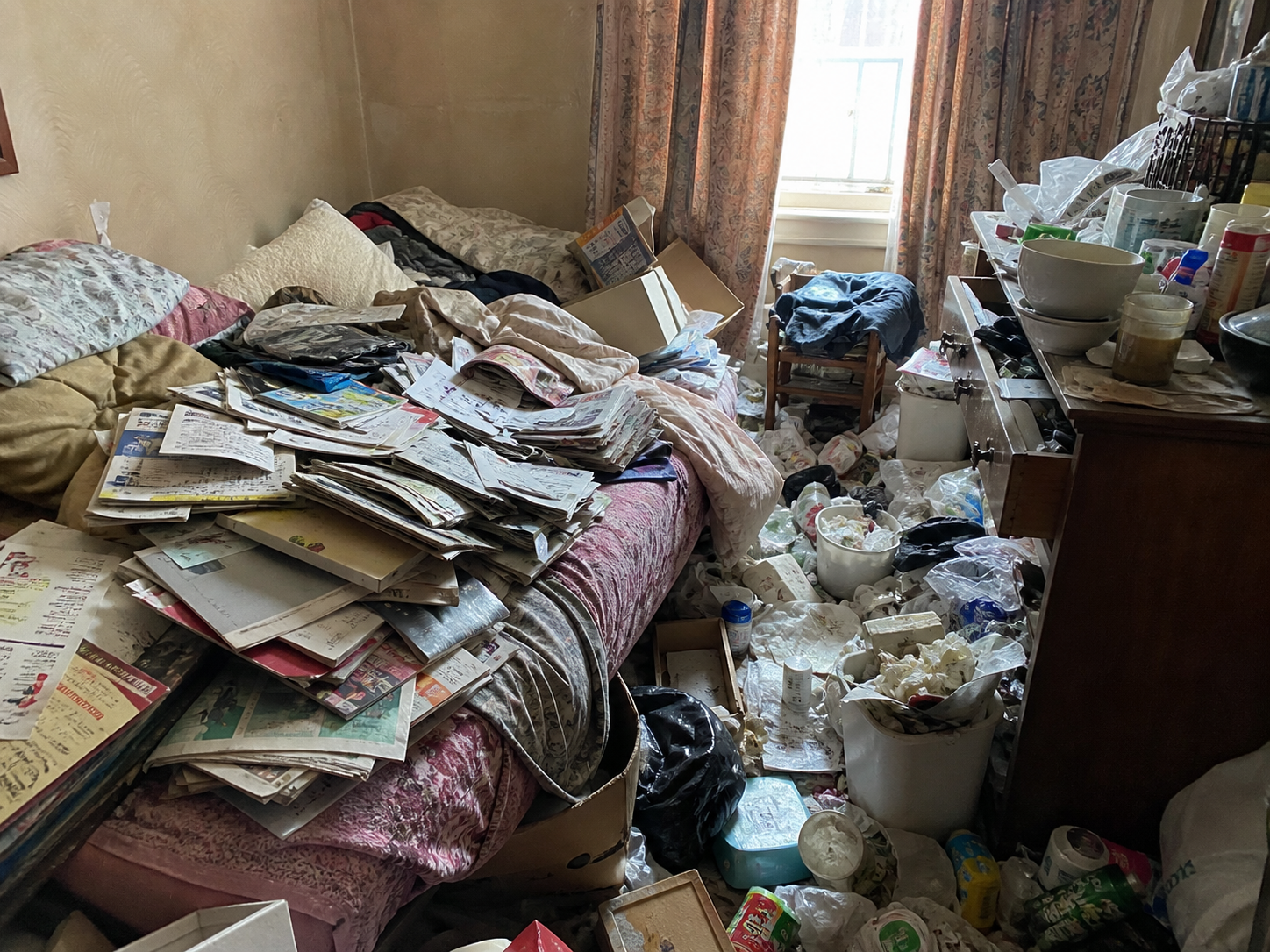 A heavily cluttered bedroom with piles of papers and items, the kind of space depression often leaves behind
