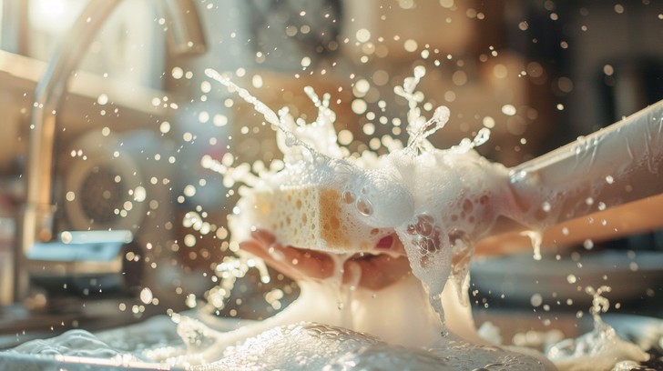 A soapy sponge in soft sunlight, water and suds catching the light
