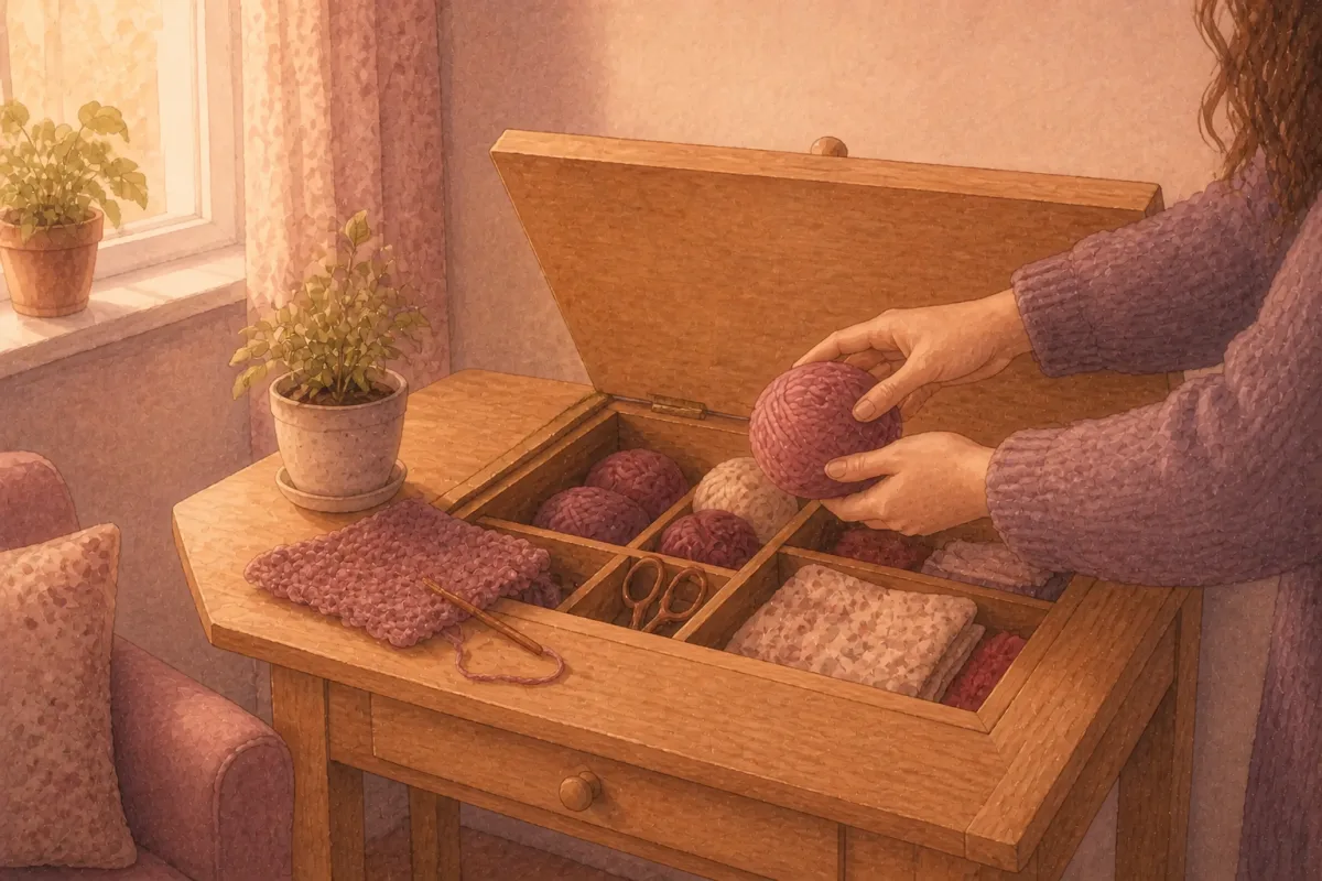 Watercolour illustration of the finished craft table in a sunny corner, its hinged top open while a hand drops a ball of yarn into the storage inside