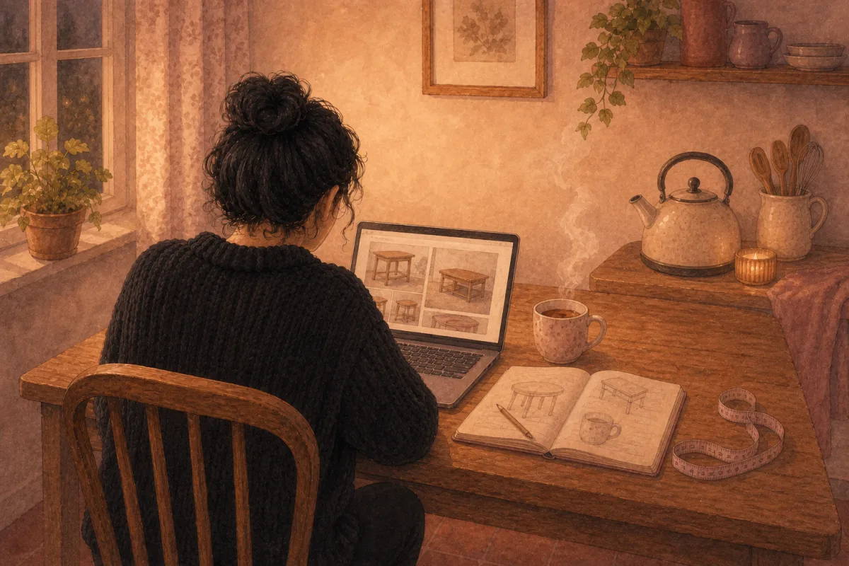 Watercolour illustration of Kari at a kitchen table in evening lamplight, researching small furniture options on a laptop beside a sketchbook and tape measure