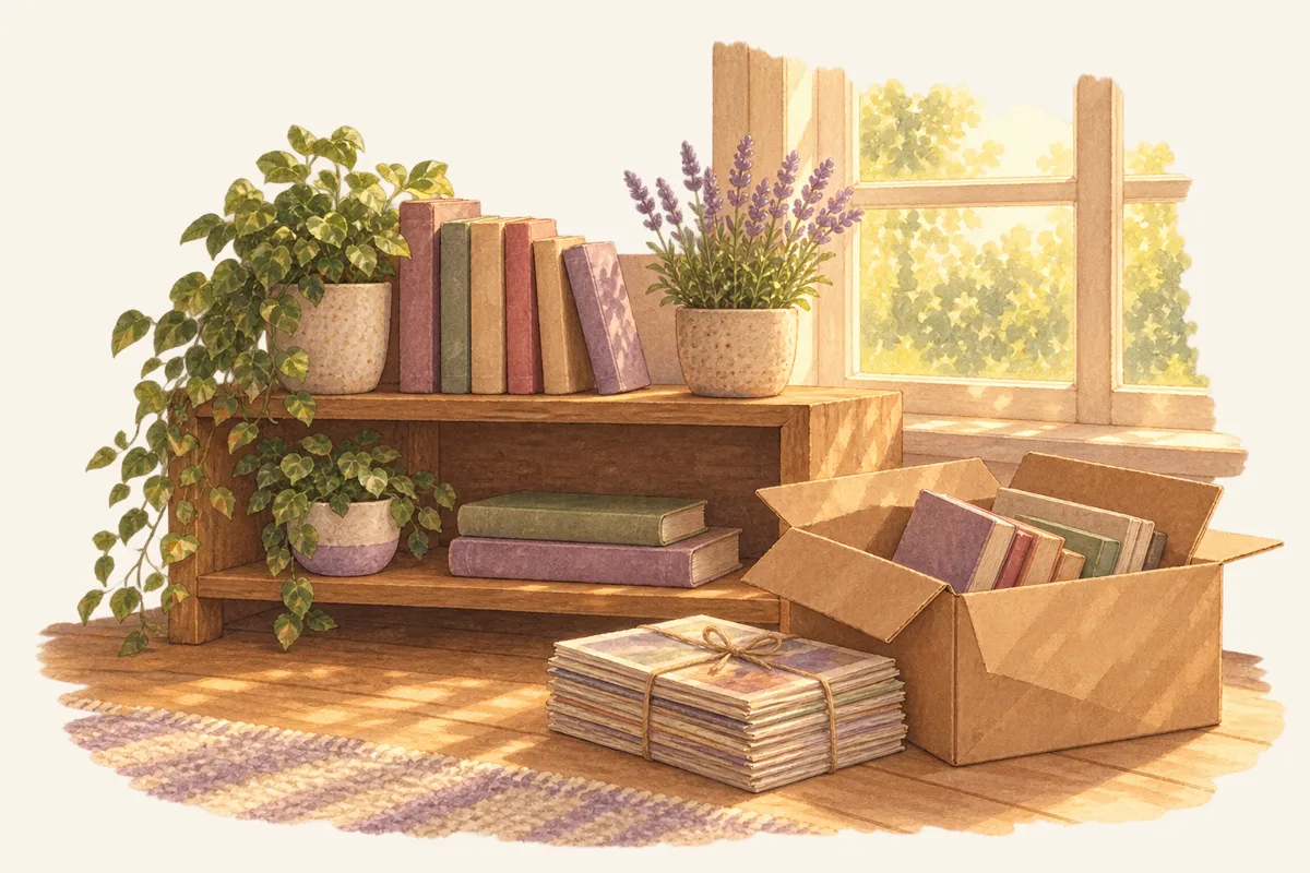 A low bookshelf by a window keeping a few favourite books, beside an open box of books and a tied stack of old magazines ready to pass on