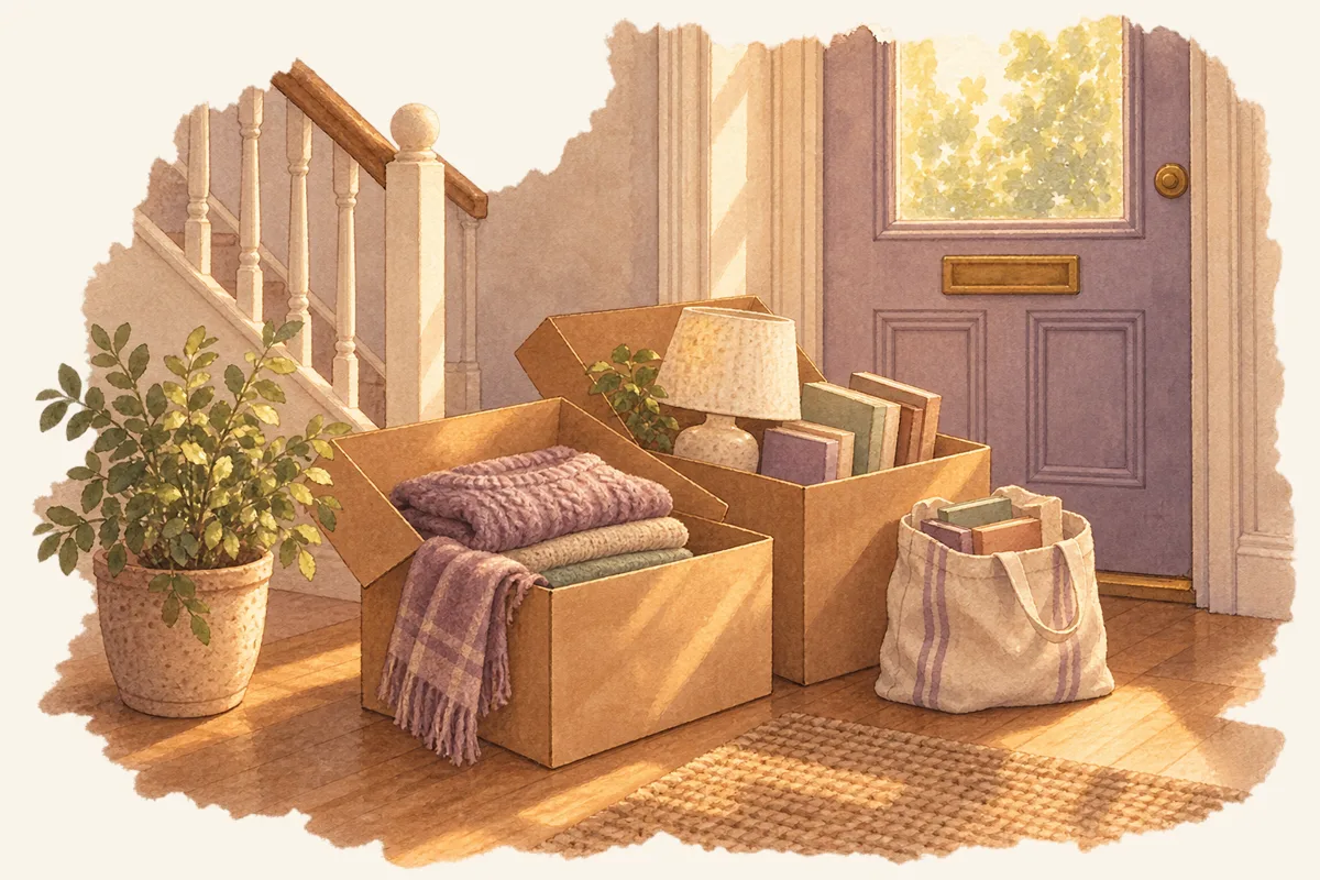 A hallway by a front door with two cardboard boxes ready to go out, one of folded jumpers and one of books and a small lamp, and a tote bag of paperbacks