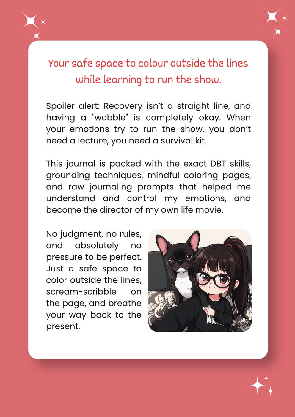 Back cover of Self-Soothing Journal (A5, wire-bound, lies flat), with a note about the journal in Kari's own words
